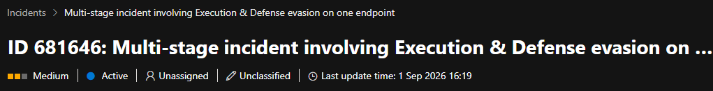 SIEM incident overview showing a multi-stage execution and defence-evasion alert