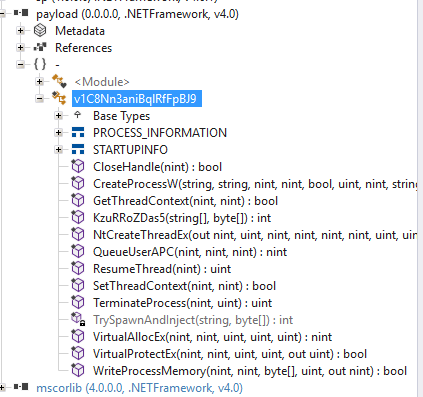ILSpy view of the managed loader&rsquo;s imported methods and injection functions