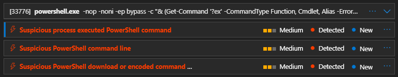 SIEM detections for a suspicious PowerShell command, command line, and download